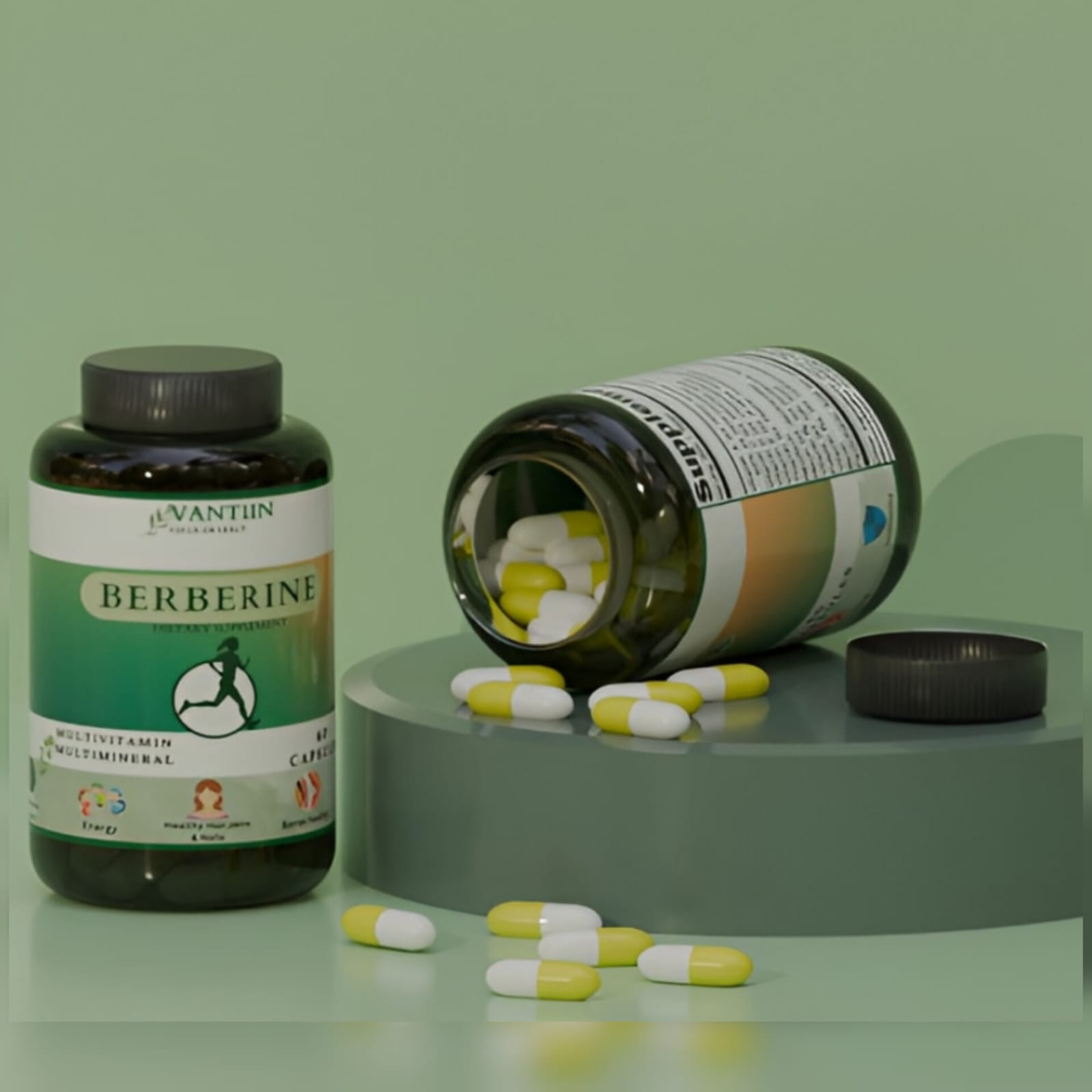 3D Supplement Bottle Visualization – Berberine Capsule Product Render