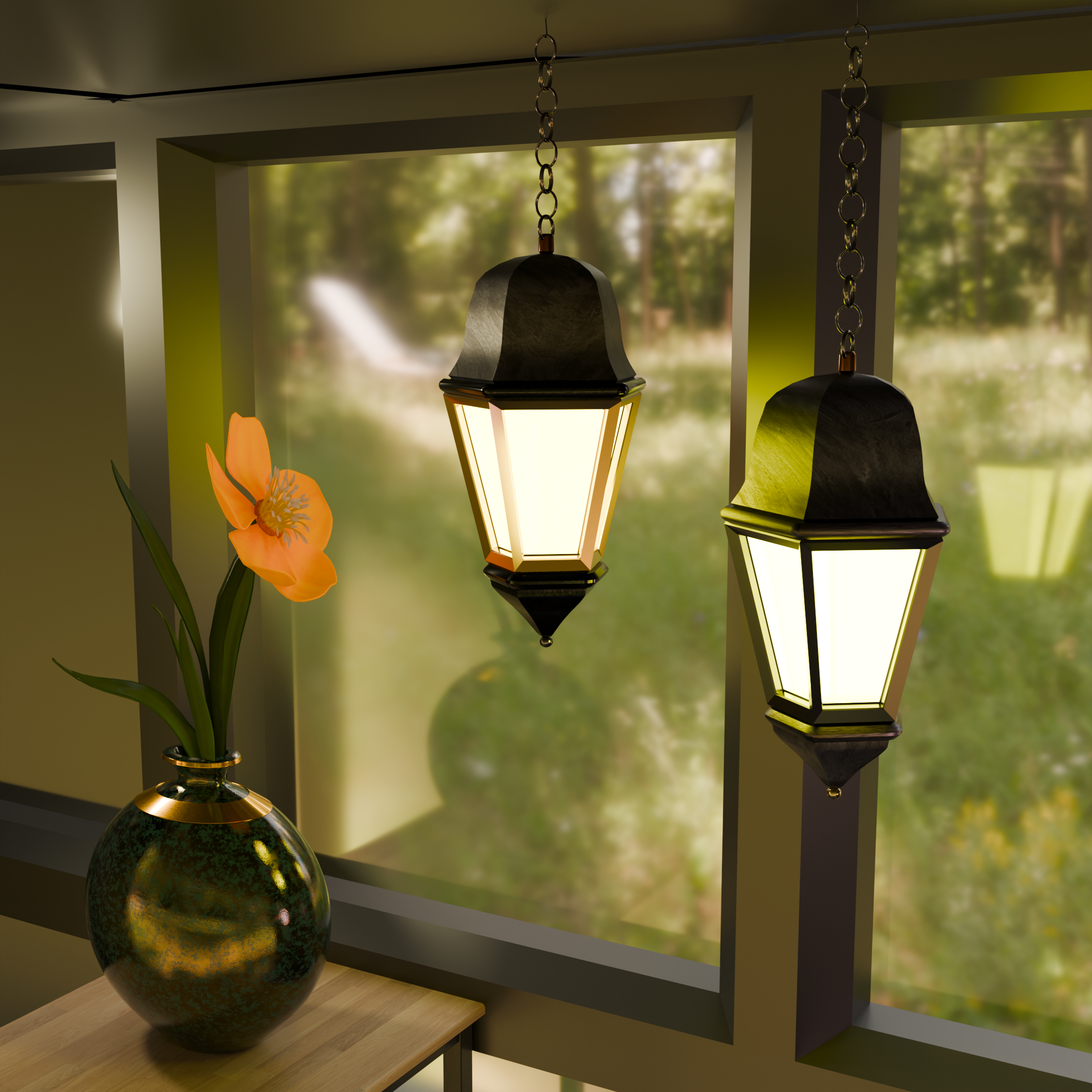 Elegant 3D Interior Scene with Vintage Hanging Lamps and Decorative Flower Vase